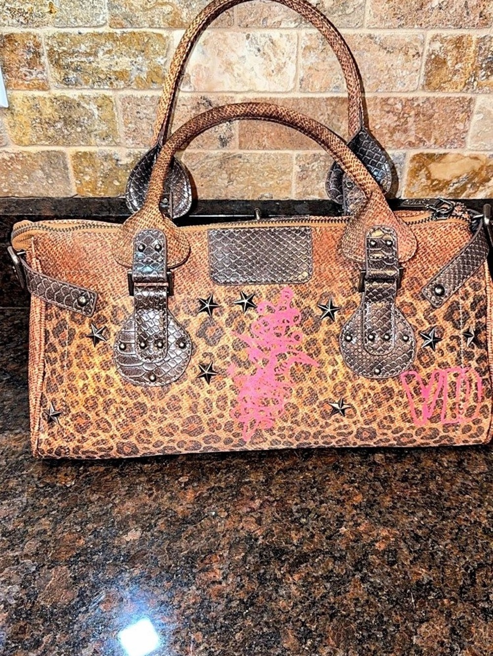 Von Dutch Leopard Print Satchel in Brown & Pink NWT